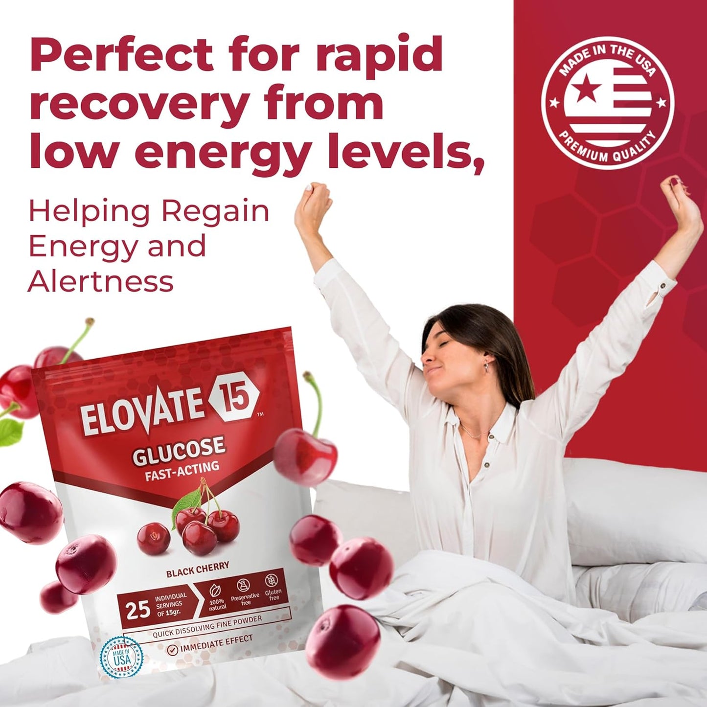 Elovate 15 Slimpaks Fast Acting Glucose Powder Packet for Quick Energy Boost, Portable and Convenient Alternative to Gels & Tablets, FSA/HSA Eligible Dextrose Powder Stick in Natural Black Cherry Flavor, Easy-to-Carry, 12 Pack for Low Blood Sugar Support