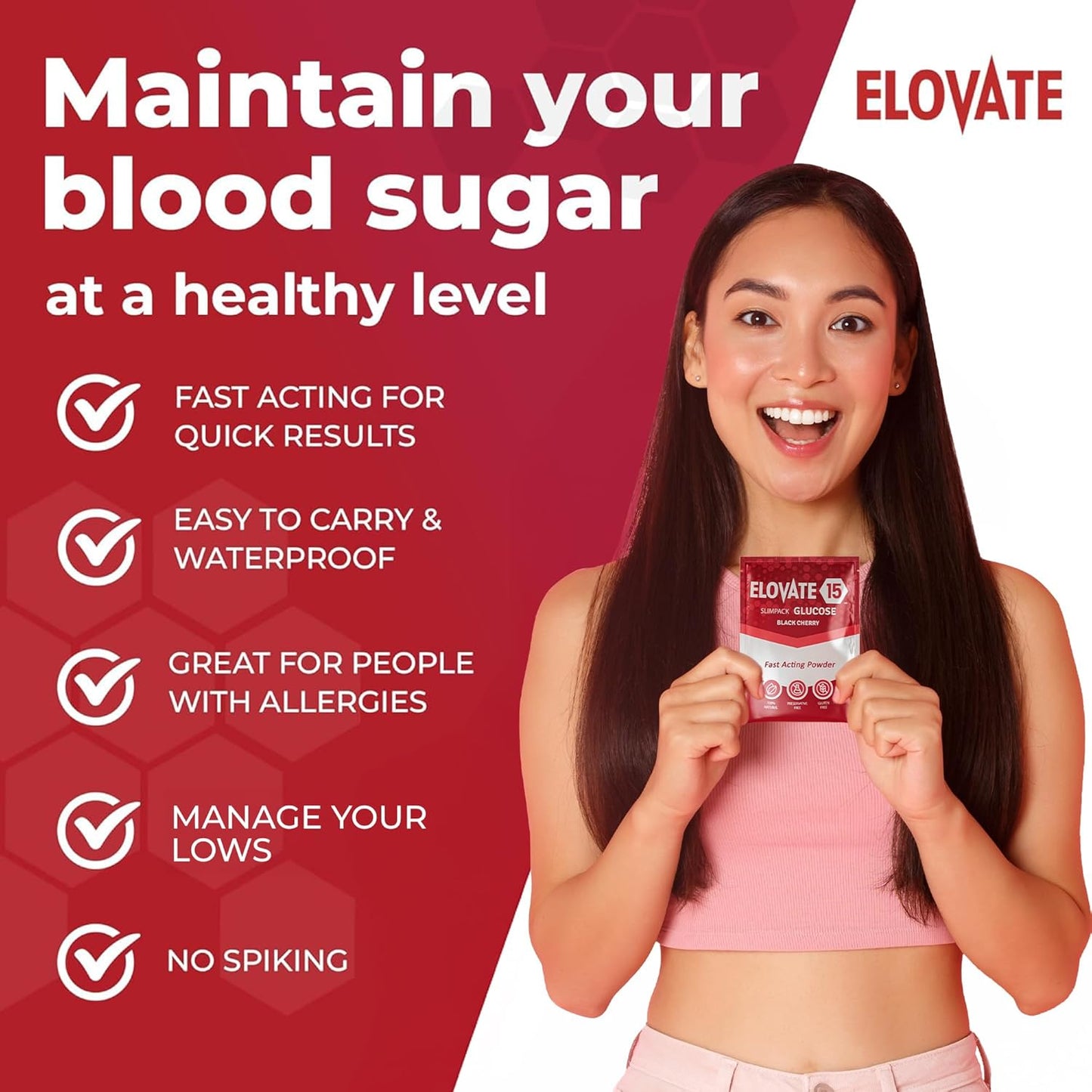 Elovate 15 Slimpaks Fast Acting Glucose Powder Packet for Quick Energy Boost, Portable and Convenient Alternative to Gels & Tablets, FSA/HSA Eligible Dextrose Powder Stick in Natural Black Cherry Flavor, Easy-to-Carry, 12 Pack for Low Blood Sugar Support