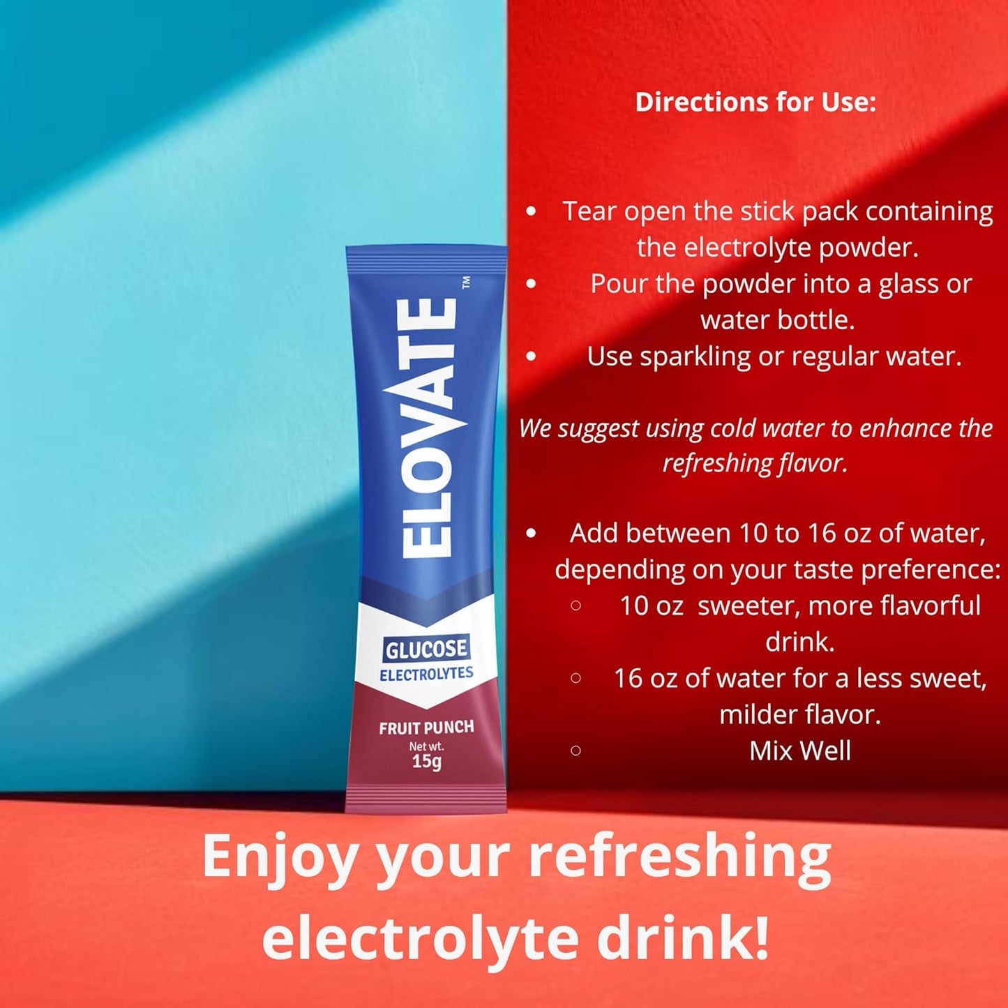 Elovate 15 - Electrolyte Drink Mix with 10g Glucose - Hydrating Electrolyte Powder Packets for Energy, Rapid Rehydration, Workout Recovery, Dehydration Relief, Fitness & Active Lifestyles - Premium Drink for Daily Hydration (Fruit Punch, Pack of 25)