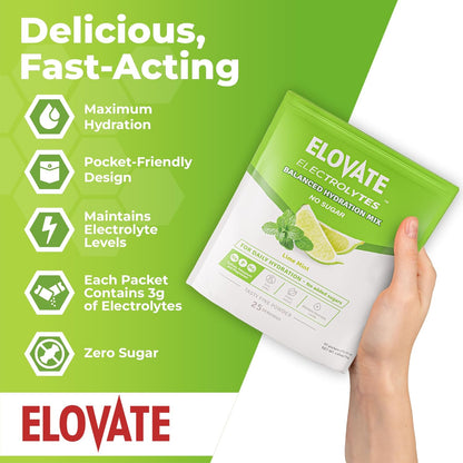 Elovate 15 Zero Sugar Electrolyte Drink Mix - Balanced Hydration Powder Packets 3g Per Stick, Lime Mint Flavor (Pack of 25)