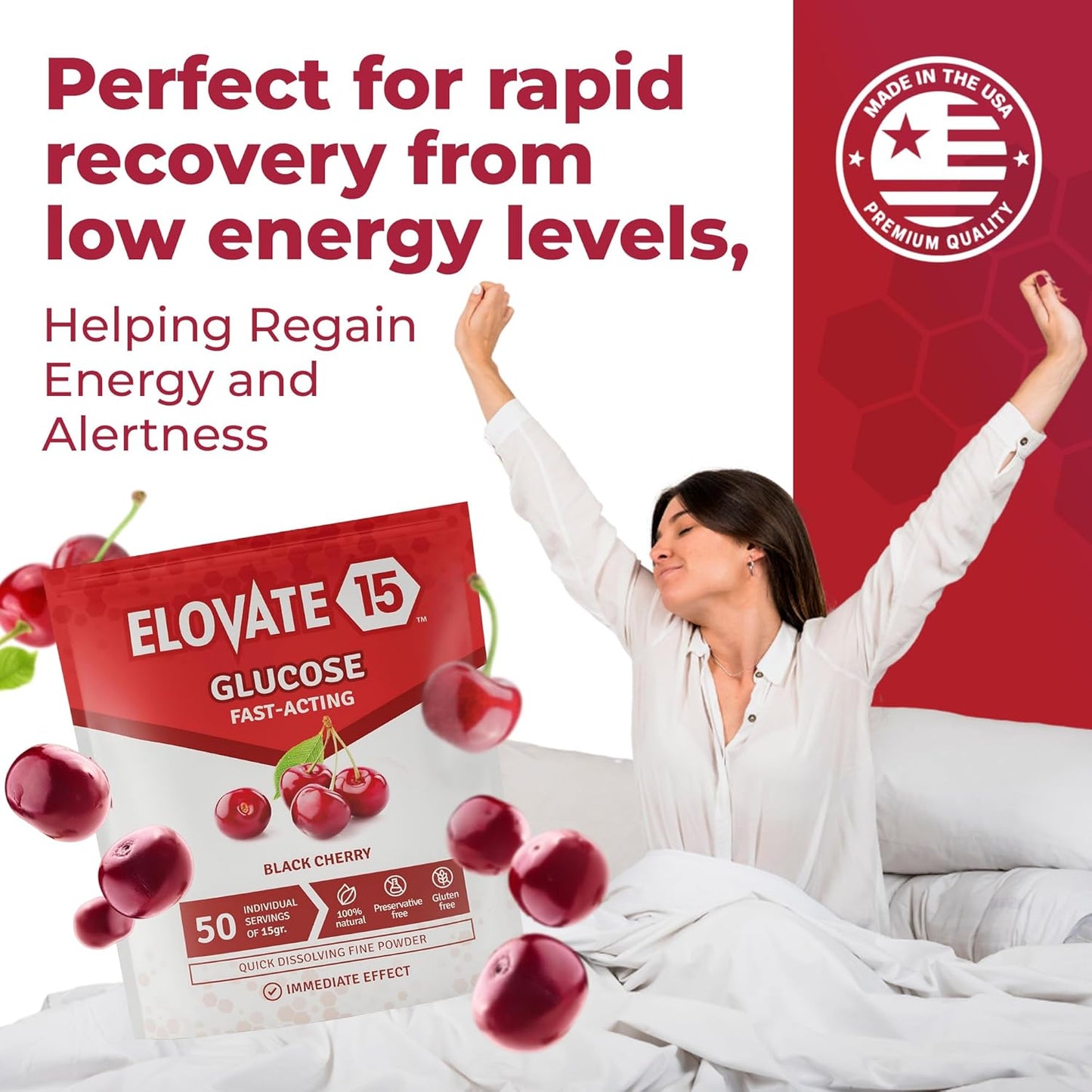 Elovate 15 Slimpaks Fast Acting Glucose Powder Packet for Quick Energy Boost, Portable and Convenient Alternative to Gels & Tablets, FSA/HSA Eligible Dextrose Powder Stick in Natural Black Cherry Flavor, Easy-to-Carry, 50  Pack for Low Blood Sugar Support