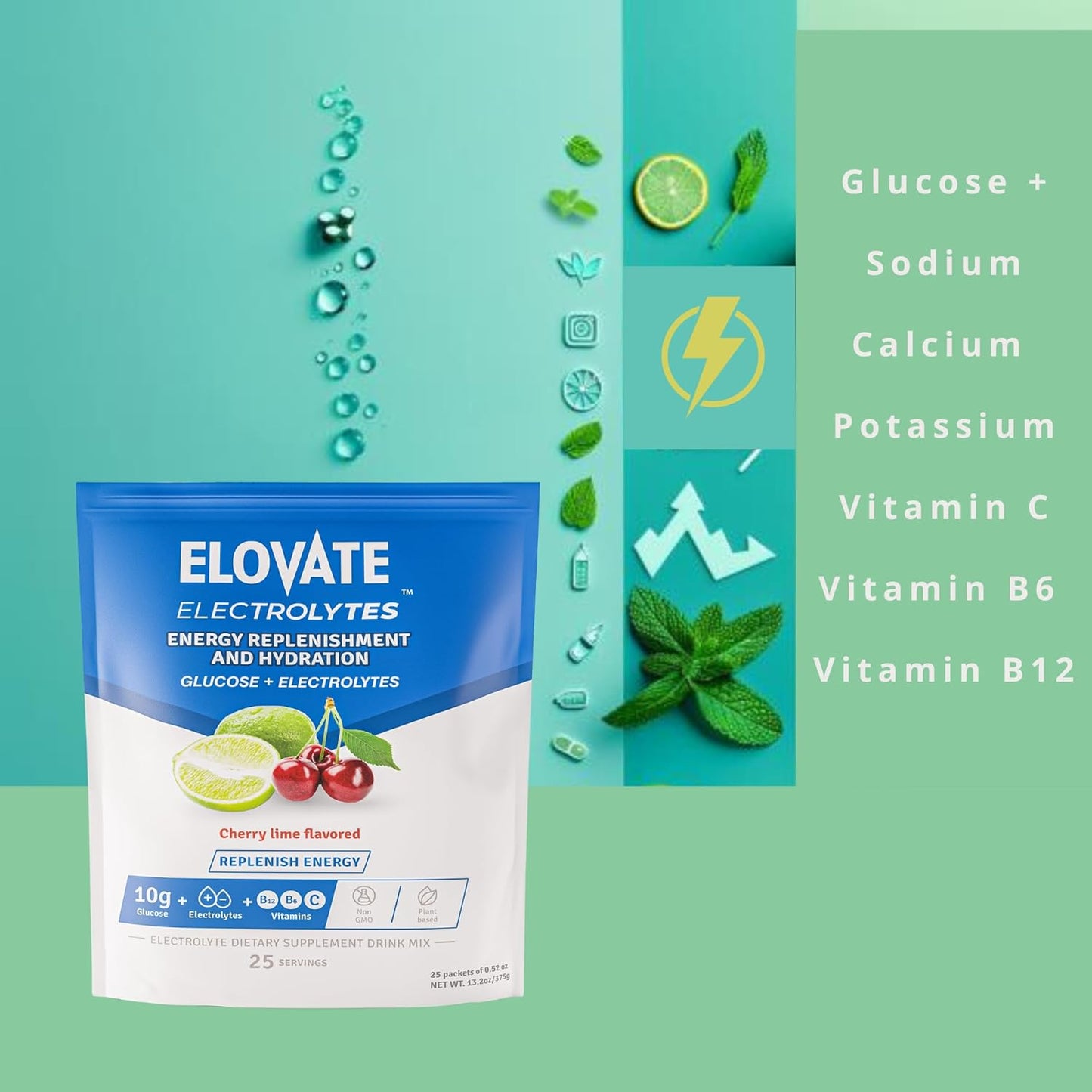 Elovate 15 - Electrolyte Drink Mix with 10g Glucose - Hydrating Electrolyte Powder Packets for Energy, Rapid Rehydration, Workout Recovery, Dehydration Relief, Fitness & Active Lifestyles - Premium Drink for Daily Hydration (Fruit Punch, Pack of 25)