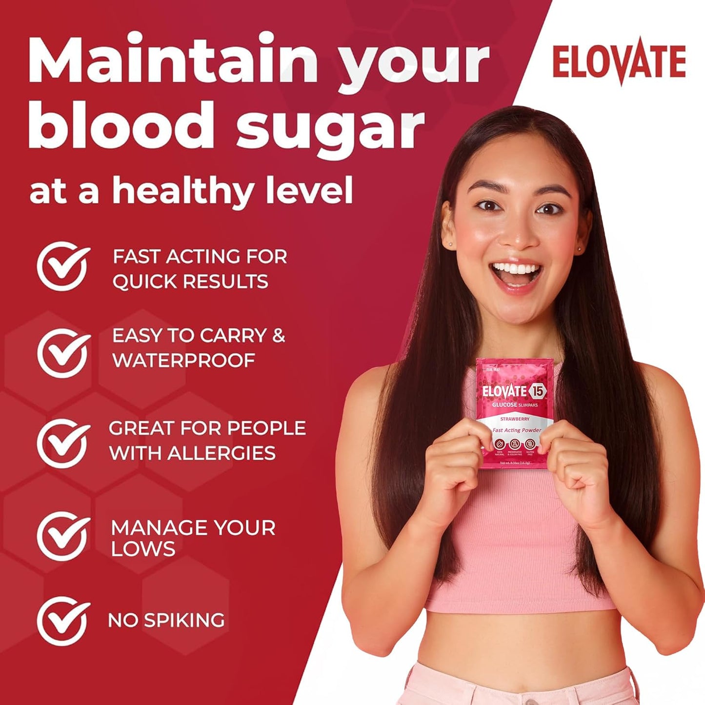 Elovate 15 Slimpaks Fast Acting Glucose Powder Packet for Quick Energy Boost, Portable and Convenient Alternative to Gels & Tablets, FSA/HSA Eligible Dextrose Powder Stick in Natural Strawberry Flavor, Easy-to-Carry Pack of 25 for Low Blood Sugar Support