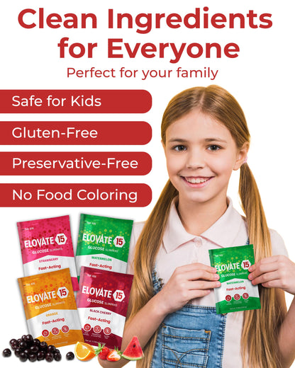 Elovate 15 Fast Acting Glucose Packets - Quick Dissolving, Gluten-Free 15g of Powder Packets Energy Dips - Oral Dextrose Powder for Kids & Adults, Hypoglycemia (12 x Watermelon)