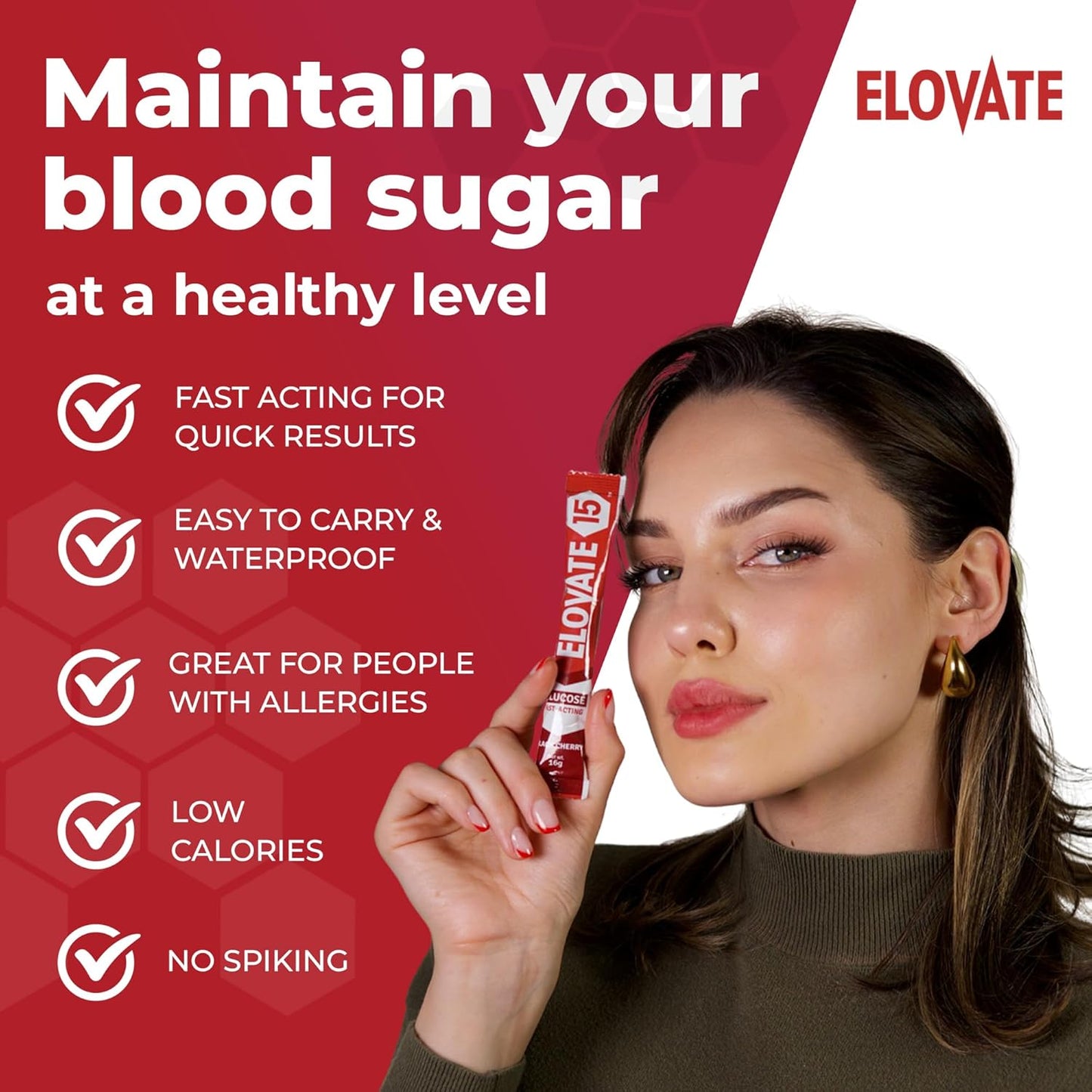 Elovate 15 Slimpaks Fast Acting Glucose Powder Packet for Quick Energy Boost, Portable and Convenient Alternative to Gels & Tablets, FSA/HSA Eligible Dextrose Powder Stick in Natural Black Cherry Flavor, Easy-to-Carry, 50  Pack for Low Blood Sugar Support