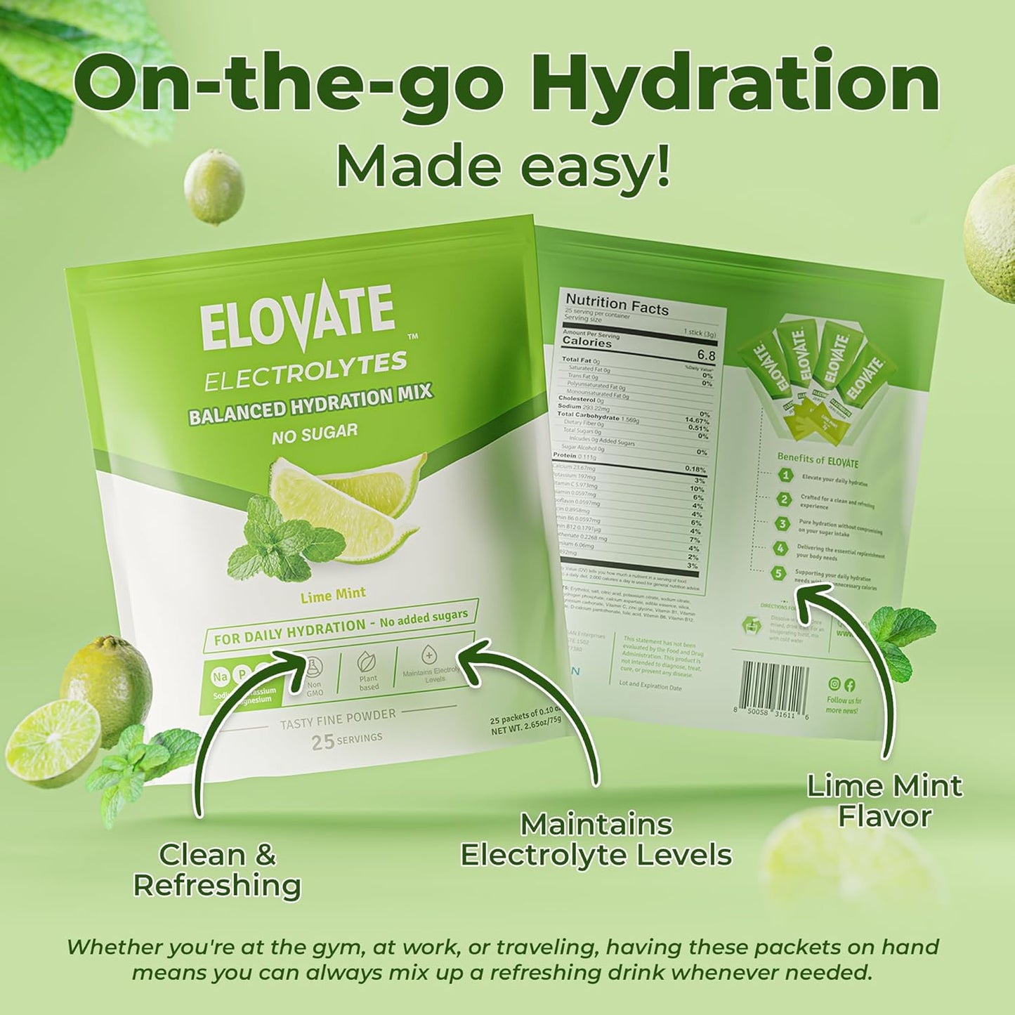 Elovate 15 Zero Sugar Electrolyte Drink Mix - Balanced Hydration Powder Packets for Travel, Workout, Sports & Fitness - Fast-Dissolving Electrolytes Powder for Energy, Recovery, Rehydration & Performance - 3g Per Stick, Lime Mint Flavor (Pack of 25)