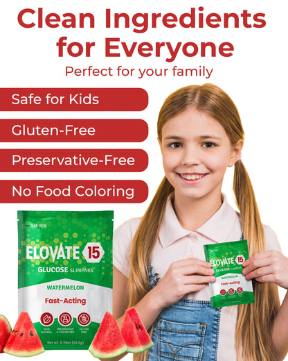 Elovate 15 Fast Acting Glucose Packets - Quick Dissolving, Gluten-Free 15g of Powder Packets Energy Dips - Oral Dextrose Powder for Kids & Adults, Hypoglycemia (12 x Watermelon)