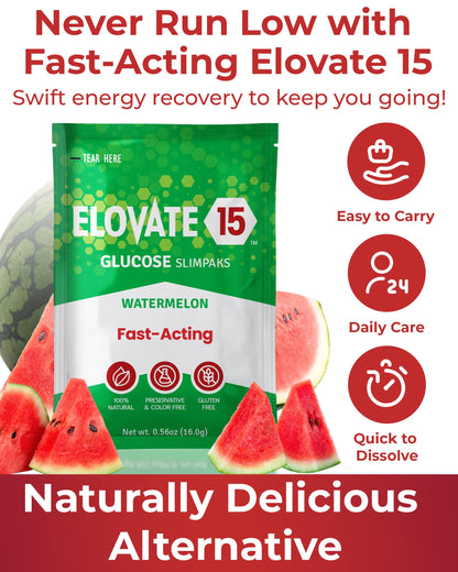 Elovate 15 Fast Acting Glucose Packets - Quick Dissolving, Gluten-Free 15g of Powder Packets Energy Dips - Oral Dextrose Powder for Kids & Adults, Hypoglycemia (12 x Watermelon)