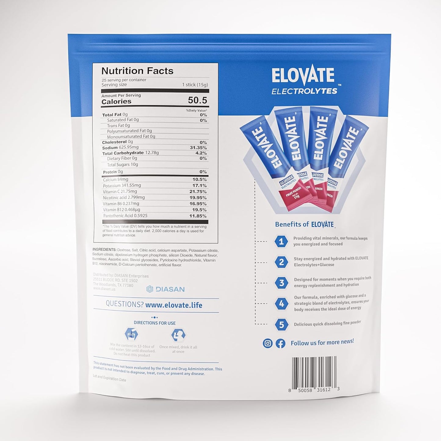 Elovate 15 - Electrolyte Drink Mix with 10g Glucose - Hydrating Electrolyte Powder Packets for Energy, Rapid Rehydration, Workout Recovery, Dehydration Relief, Fitness & Active Lifestyles - Premium Drink for Daily Hydration (Fruit Punch, Pack of 25)