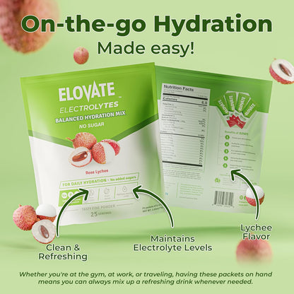 Elovate 15 Zero Sugar Electrolyte Drink Mix - Balanced Hydration Powder Packets 3g Per Stick, Rose Lychee Flavor (Pack of 25)