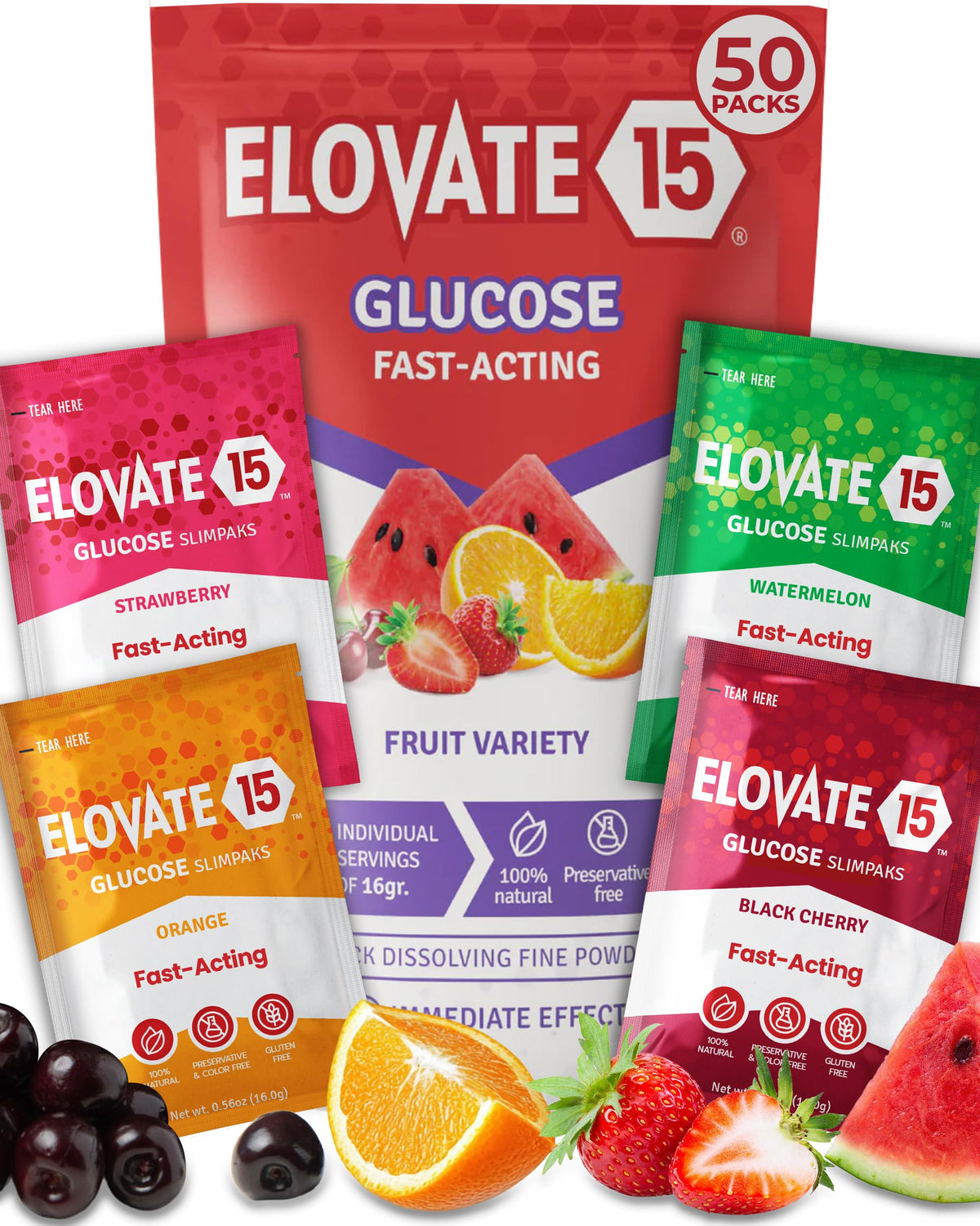 Elovate 15 Fast Acting Glucose Packets - Quick Dissolving, Gluten-Free 15g of Powder Packets Energy Dips - Oral Dextrose Powder for Kids & Adults, Hypoglycemia (12 x Watermelon)