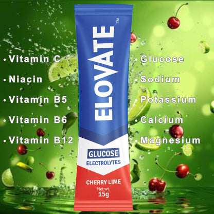 Elovate 15 - Electrolyte Drink Mix with 10g Glucose - Hydrating Electrolyte Powder Packets for Energy, Rapid Rehydration, Workout Recovery, Dehydration Relief, Fitness & Active Lifestyles - Premium Drink for Daily Hydration (Lime Cherry, Pack of 25)