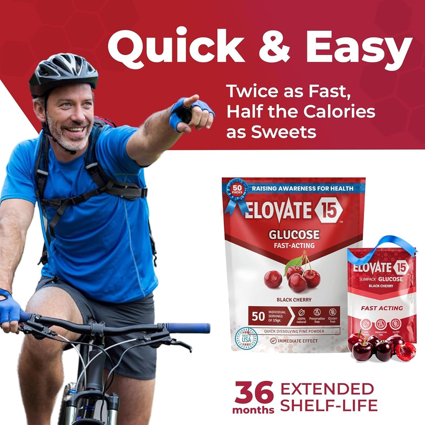 Elovate 15 Slimpaks Fast Acting Glucose Powder Packet for Quick Energy Boost, Portable and Convenient Alternative to Gels & Tablets, FSA/HSA Eligible Dextrose Powder Stick in Natural Black Cherry Flavor, Easy-to-Carry, 50  Pack for Low Blood Sugar Support