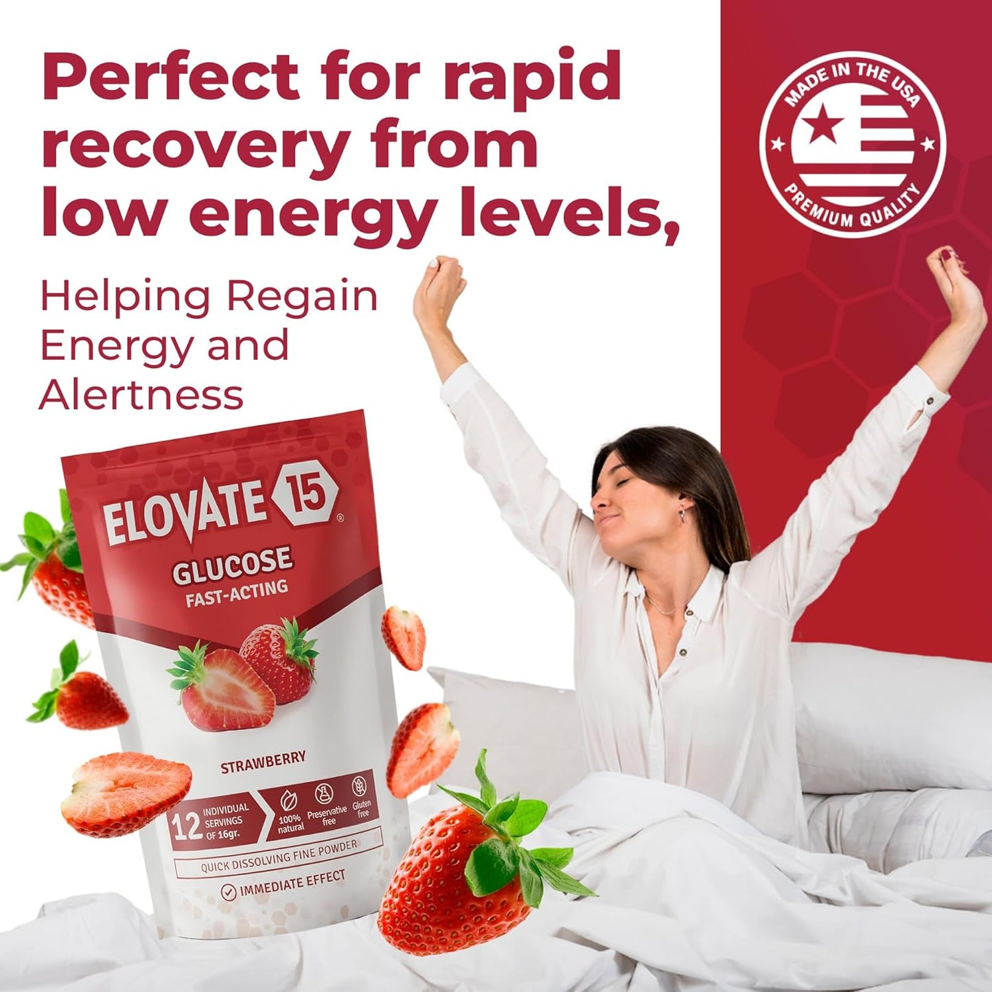 Elovate 15 Slimpaks Fast Acting Glucose Powder Packet for Quick Energy Boost, Portable and Convenient Alternative to Gels & Tablets, FSA/HSA Eligible Dextrose Powder Stick in Natural Strawberry Flavor, Easy-to-Carry Pack of 25 for Low Blood Sugar Support