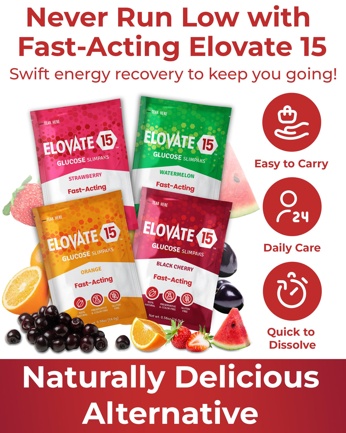 Elovate 15 Fast Acting Glucose Packets - Quick Dissolving, Gluten-Free 15g of Powder Packets Energy Dips - Oral Dextrose Powder for Kids & Adults, Hypoglycemia (12 x Watermelon)