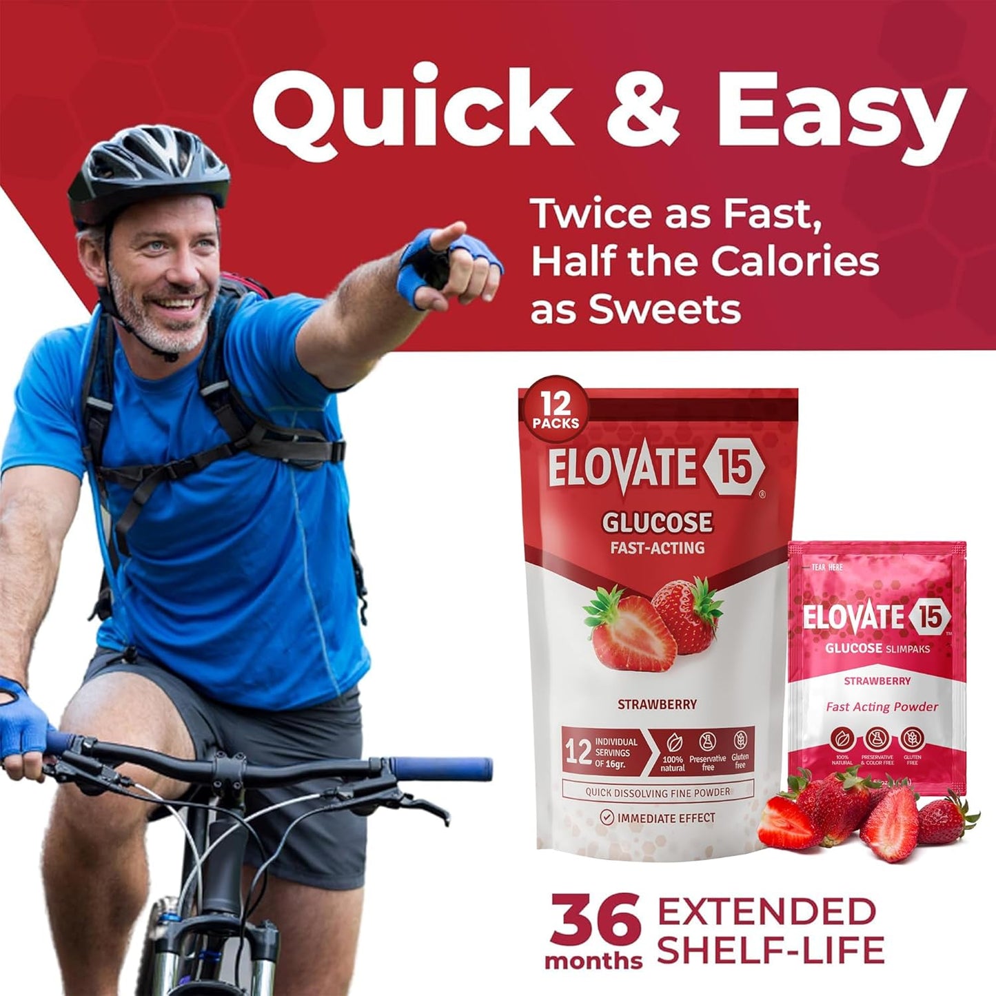 Elovate 15 Slimpaks Fast Acting Glucose Powder Packet for Quick Energy Boost, Portable and Convenient Alternative to Gels & Tablets, FSA/HSA Eligible Dextrose Powder Stick in Natural Strawberry Flavor, Easy-to-Carry Pack of 25 for Low Blood Sugar Support