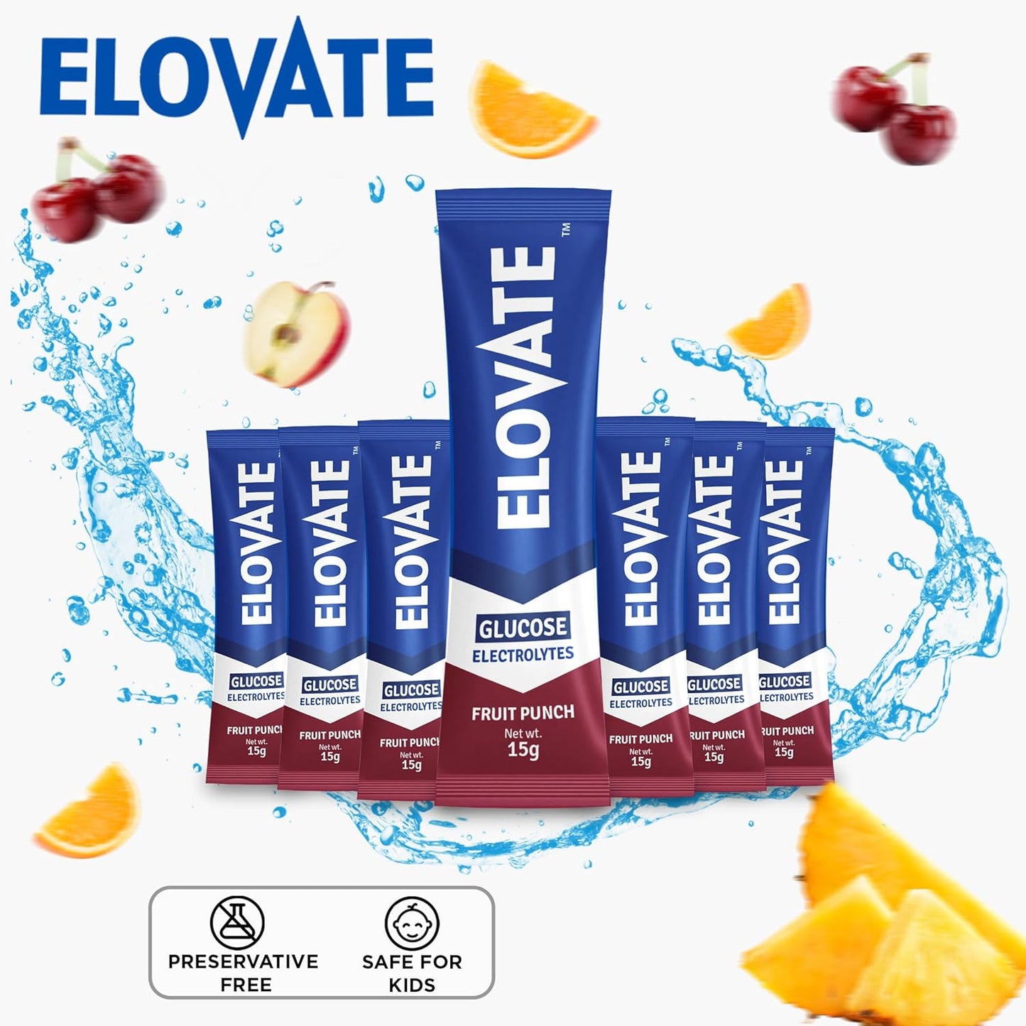 Elovate 15 - Electrolyte Drink Mix with 10g Glucose - Hydrating Electrolyte Powder Packets for Energy, Rapid Rehydration, Workout Recovery, Dehydration Relief, Fitness & Active Lifestyles - Premium Drink for Daily Hydration (Fruit Punch, Pack of 25)