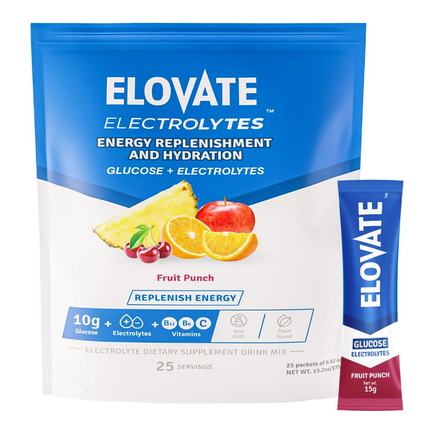 Elovate 15 - Electrolyte Drink Mix with 10g Glucose - Hydrating Electrolyte Powder Packets for Energy, Rapid Rehydration, Workout Recovery, Dehydration Relief, Fitness & Active Lifestyles - Premium Drink for Daily Hydration (Fruit Punch, Pack of 25)