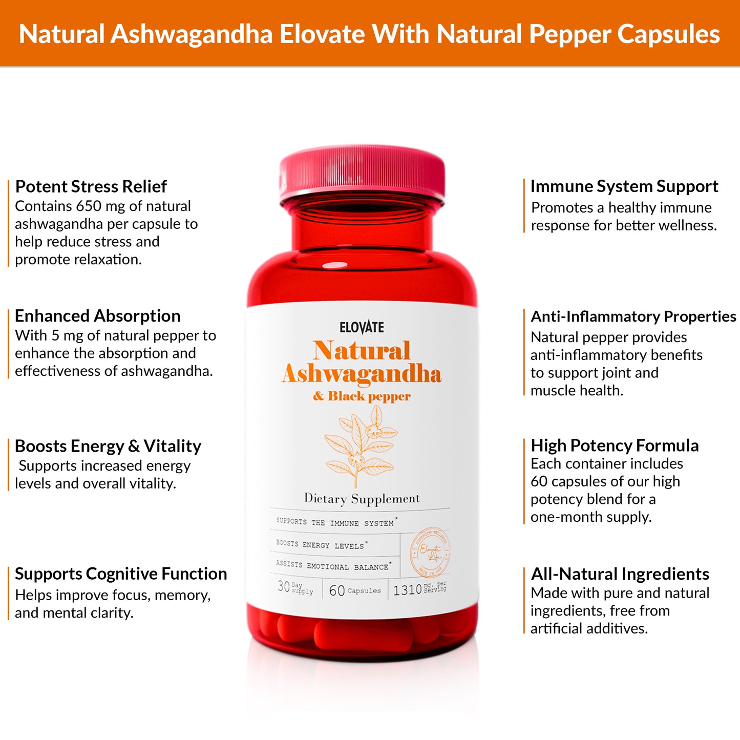 Elovate 15 Natural Ashwagandha and Black Pepper Capsules - Fast Acting Herbal Capsules for Stress Relief, Energy, Immune Support, and Daily Wellness for Men and Women - Enhanced Absorption, Mood Balance, 1310 mg per Serving (30-Day Supply, 60 Capsules)