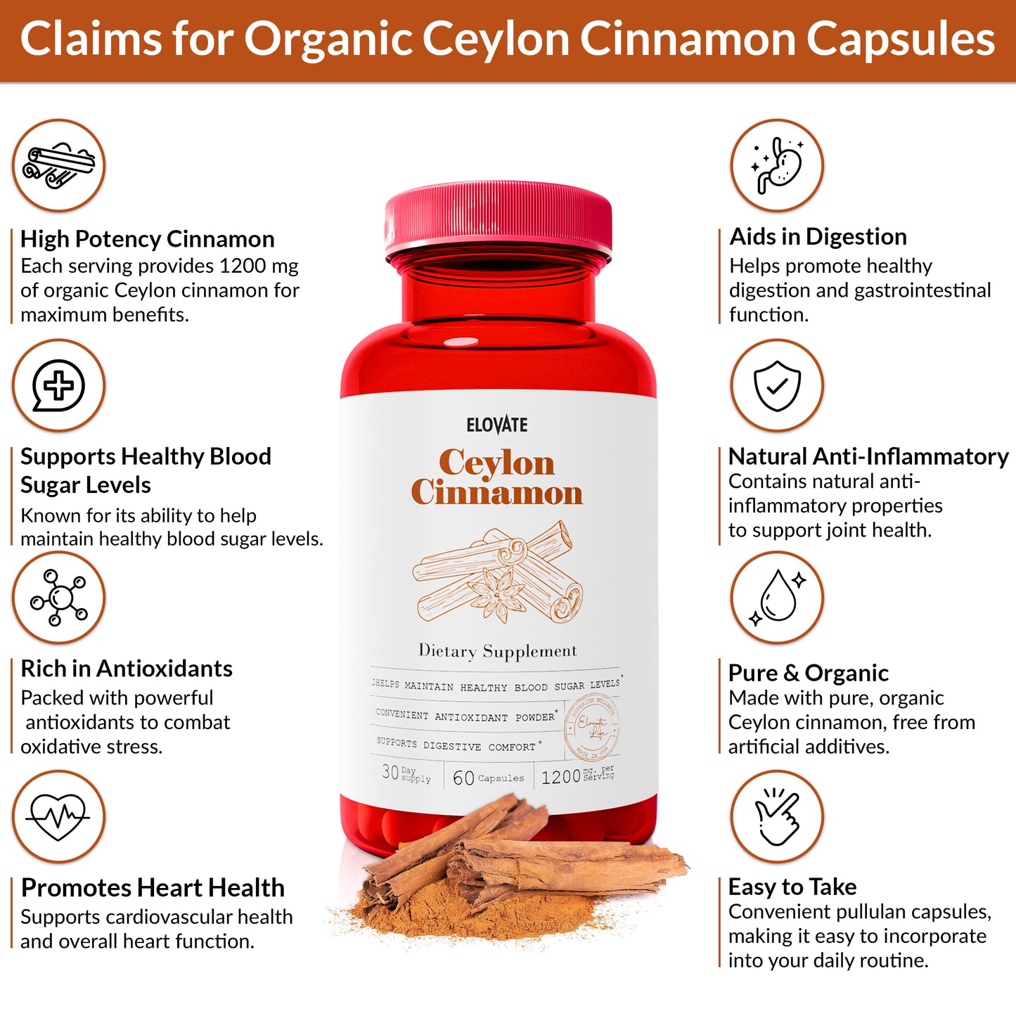 Elovate 15 Ceylon Cinnamon Capsules with Glucose Support - Fast Acting Natural Herbal Supplement for Blood Sugar Balance, Heart Health, Metabolism, and Daily Wellness for Men and Women - Naturally Flavored, 1200mg (60-Day Supply, 60 Capsules)