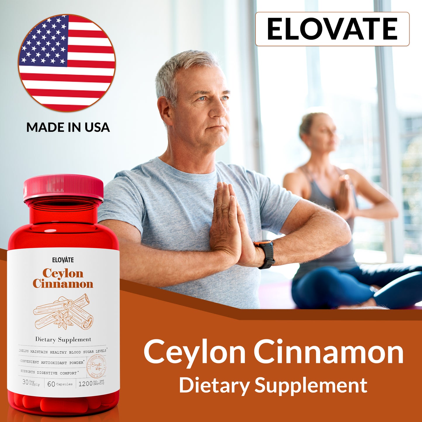 Elovate 15 Ceylon Cinnamon Capsules with Glucose Support - Fast Acting Natural Herbal Supplement for Blood Sugar Balance, Heart Health, Metabolism, and Daily Wellness for Men and Women - Naturally Flavored, 1200mg (60-Day Supply, 60 Capsules)