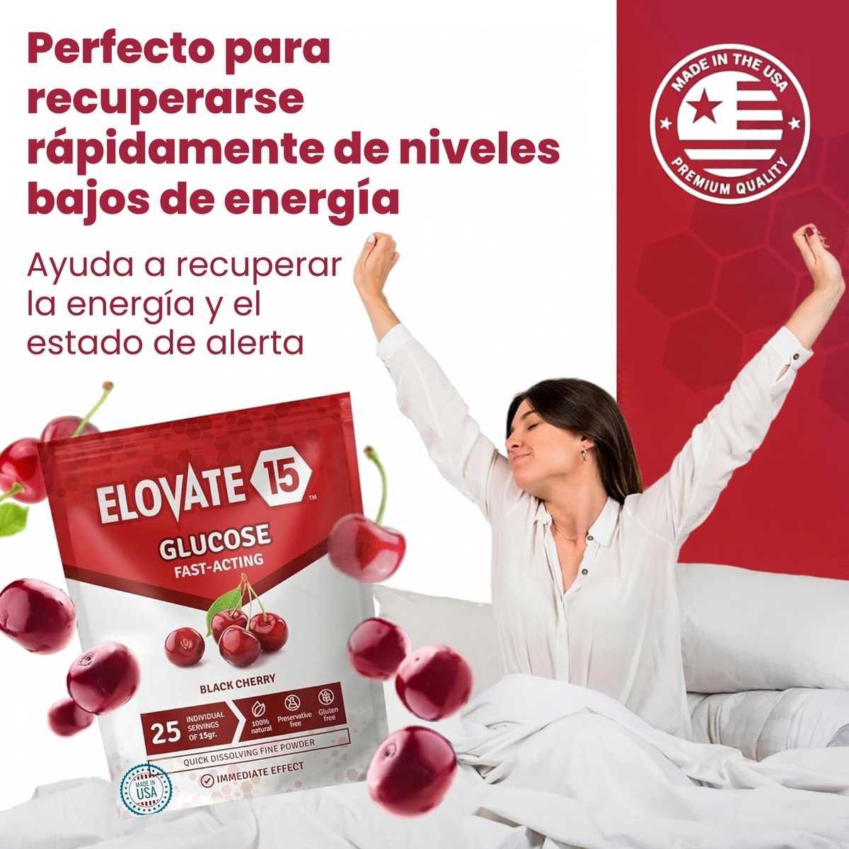 Elovate 15 Slimpaks – Polvo de glucosa de acción rápida, sabor natural a cereza negra, paquete de 10 sobres, portátil y práctico, alternativa a geles y tabletas, elegible para FSA/HSA