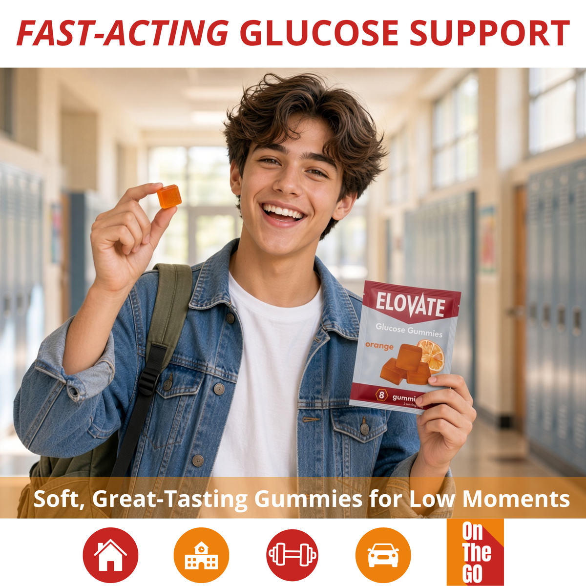 ELOVATE Fast-Acting Glucose Gummies, Raspberry & Orange, 10 Sachets, 80 Count