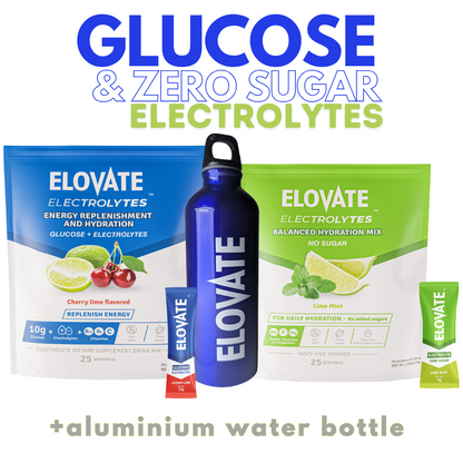 Elovate Glucose & Electrolytes Pack – Cherry Lime, Zero Sugar Lime Mint & Blue Aluminum Water Bottle