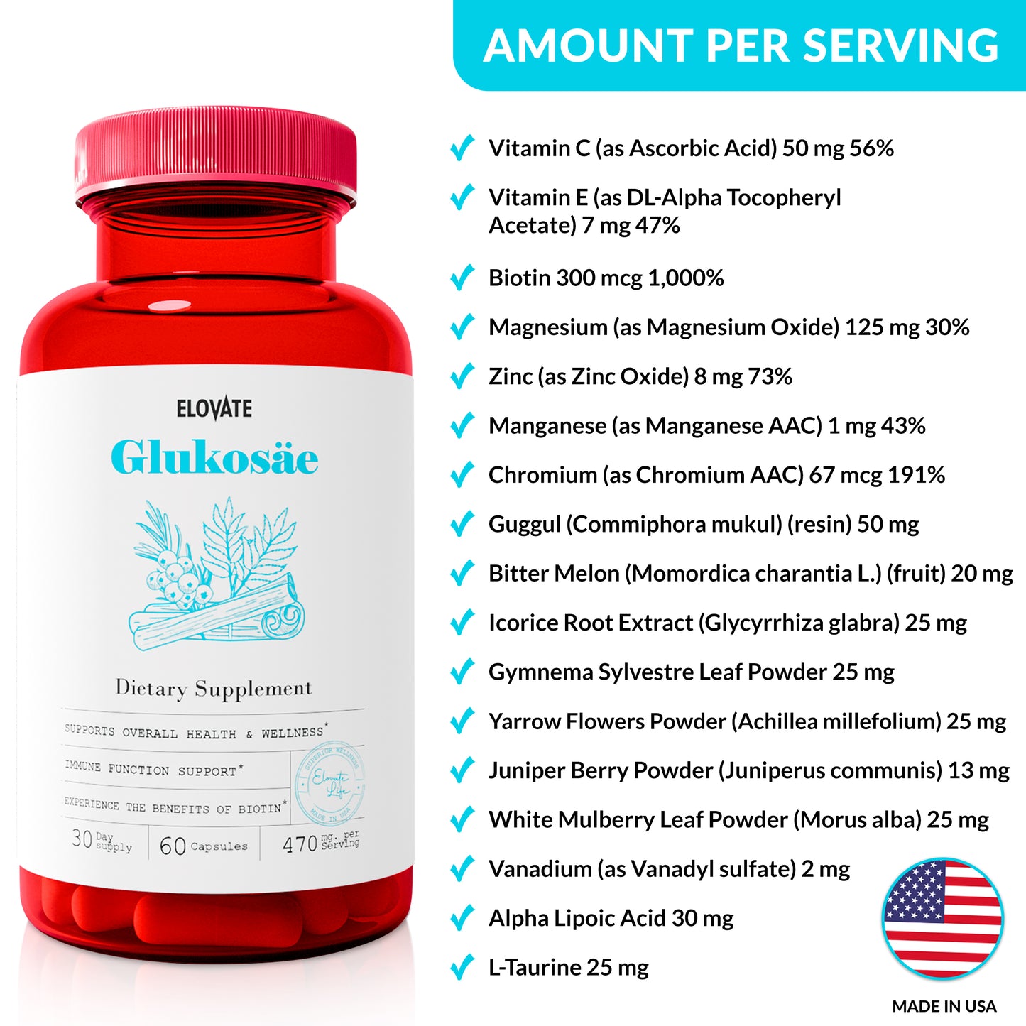 Elovate 15 Glukosae with Guggul Extract, Biotin, Banaba Leaf, Ceylon Cinnamon, and Glucose Support - Fast Acting Natural Herbal Capsules for Blood Sugar, Metabolism, Insulin Support, and Daily Wellness for Men & Women - 1300mg, 90 Capsules (60-Day Supply)