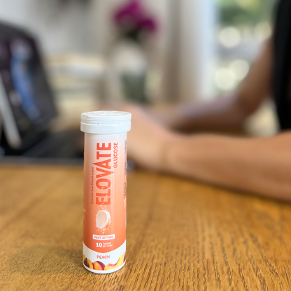 Elovate 15 Effervescent Glucose Tablets - Fast Acting Dextrose Hydration & Rehydration for Sports, Travel, & More - Quick Dissolving Energy Boost with Electrolytes, 10 Tablets Per Tube (Pack of 4 Peach) for Adults & Athletes
