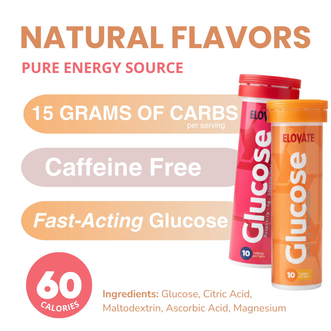 ELOVATE Glucose Tablets, Peach & Raspberry Variety – 15g Per Serving, Chewable, Gluten Free – 4 Tubes (40 Count)