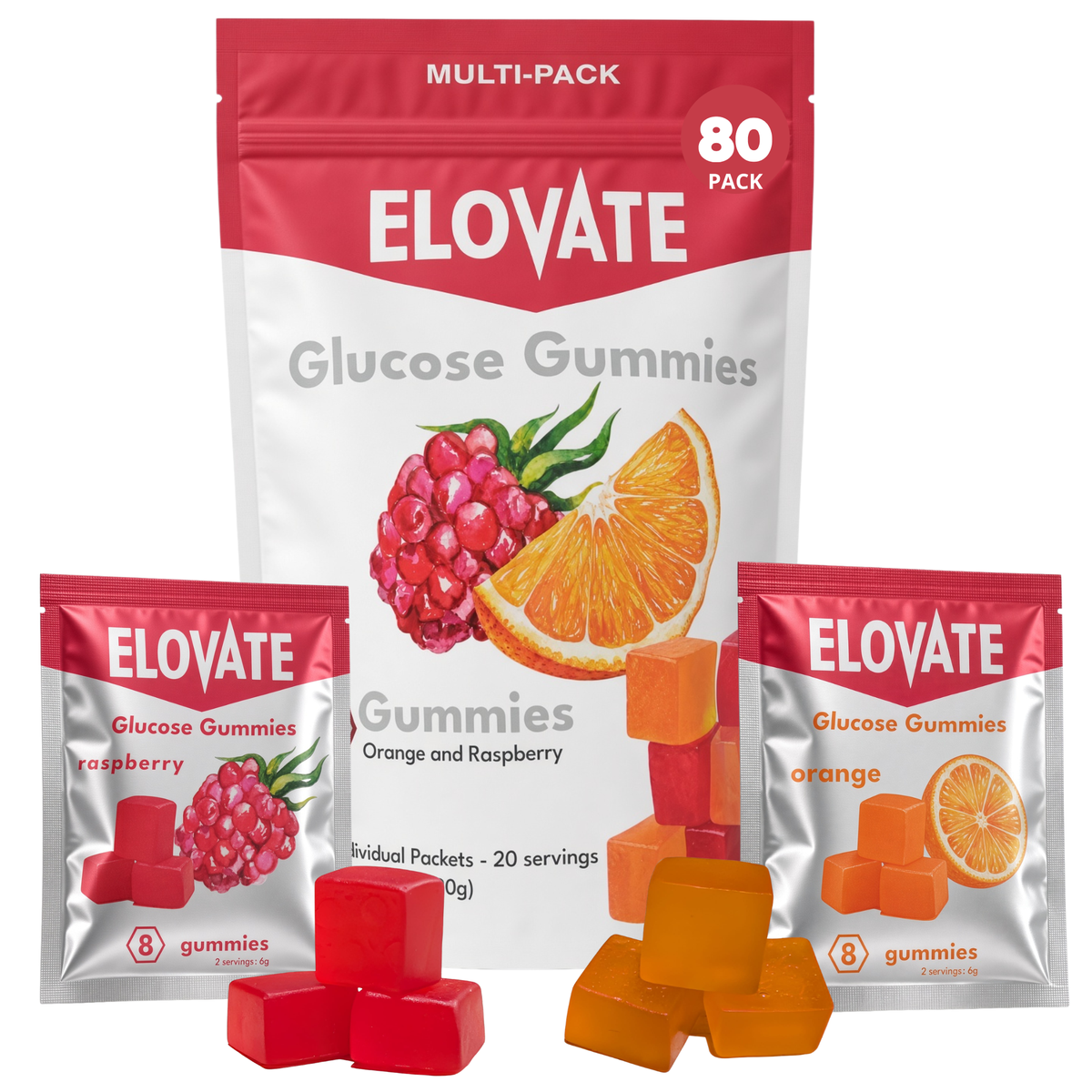 ELOVATE Fast-Acting Glucose Gummies, Raspberry & Orange, 10 Sachets, 80 Count