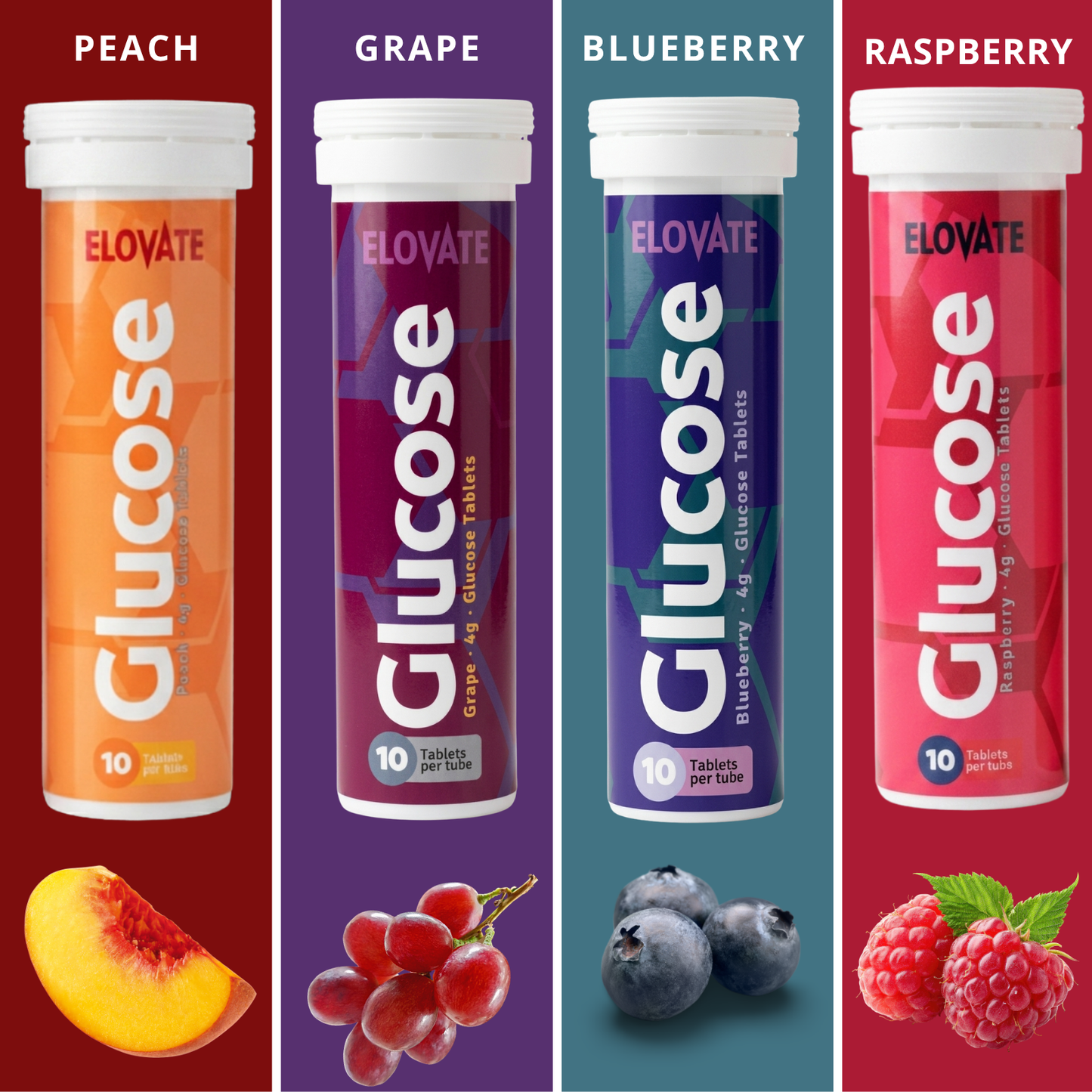 Fast Acting Glucose Tablets – 4g per Tablet, Blueberry, Grape, Peach & Raspberry – Gluten Free, Fat Free, 8 Tubes (80 Count)