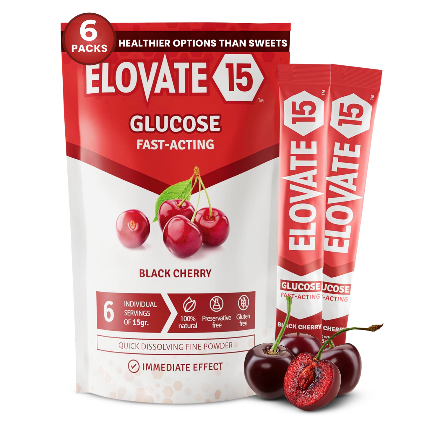 Elovate 15 Slimpaks Fast Acting Glucose Powder Packet for Quick Energy Boost, Portable and Convenient Alternative to Gels & Tablets, FSA/HSA Eligible Dextrose Powder Stick in Natural Black Cherry Flavor, Easy-to-Carry Pack of 6 for Low Blood Sugar Support