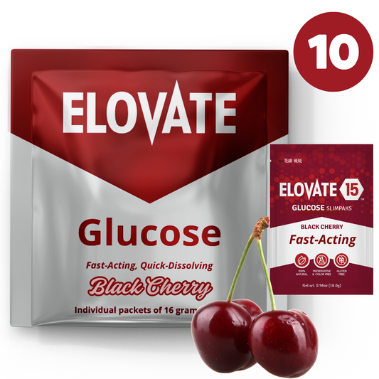 Elovate 15 Slimpaks Fast Acting Glucose Powder Packet for Quick Energy Boost, Portable and Convenient Alternative to Gels & Tablets, FSA/HSA Eligible Dextrose Powder Stick in Natural Black Cherry Flavor, Easy-to-Carry, 10 Pack for Low Blood Sugar Support