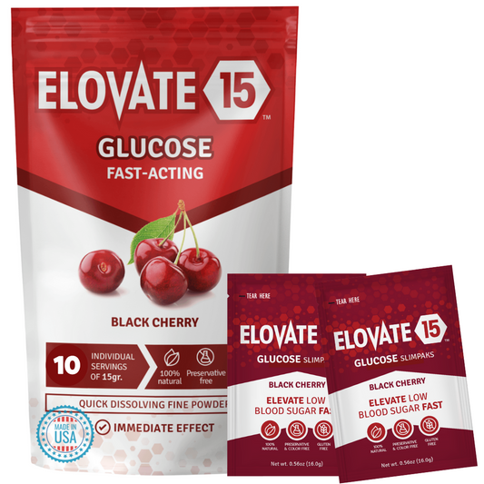 Elovate 15 Slimpaks Fast Acting Glucose Powder Packet for Quick Energy Boost, Portable and Convenient Alternative to Gels & Tablets, FSA/HSA Eligible Dextrose Powder Stick in Natural Black Cherry Flavor, Easy-to-Carry, 10 Pack for Low Blood Sugar Support