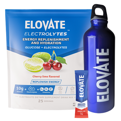 Elovate Glucose & Electrolytes Pack – Cherry Lime, Zero Sugar Lime Mint & Blue Aluminum Water Bottle