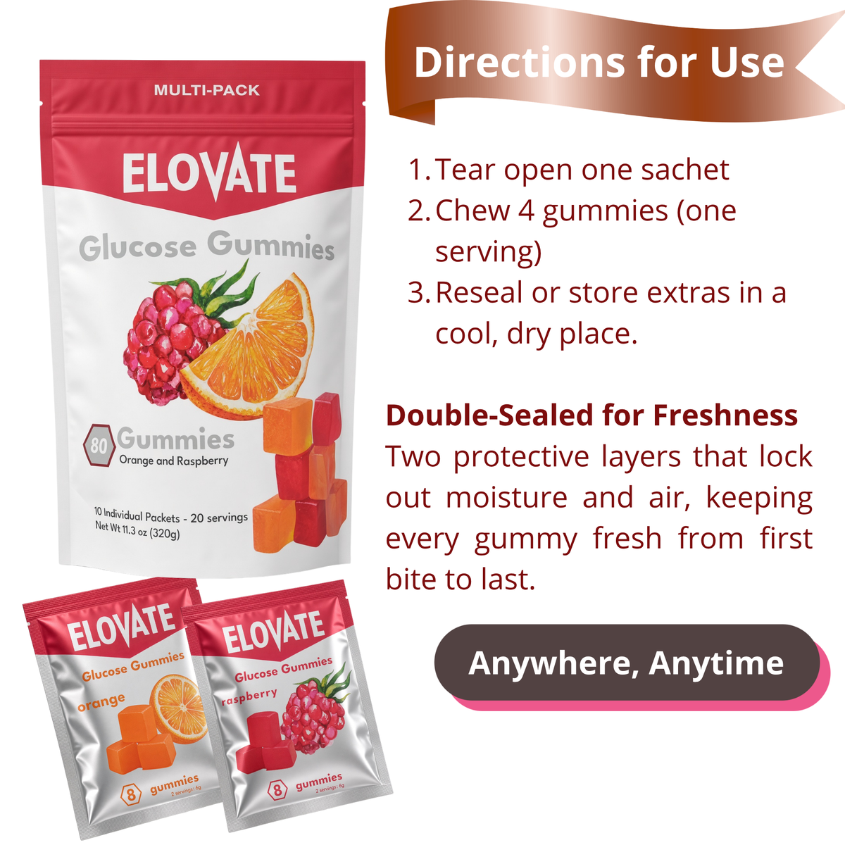 ELOVATE Fast-Acting Glucose Gummies, Raspberry & Orange, 10 Sachets, 80 Count