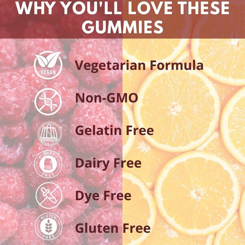 Vegetarian, non-GMO, gelatin free, dairy free, dye free, gluten free
