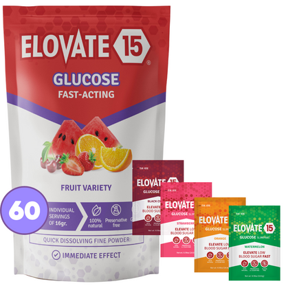 Elovate 15 Slimpaks – Fast-Acting Glucose Powder for Quick Energy & Low Blood Sugar Support – Portable, Natural Fruit Variety (60 Pack)