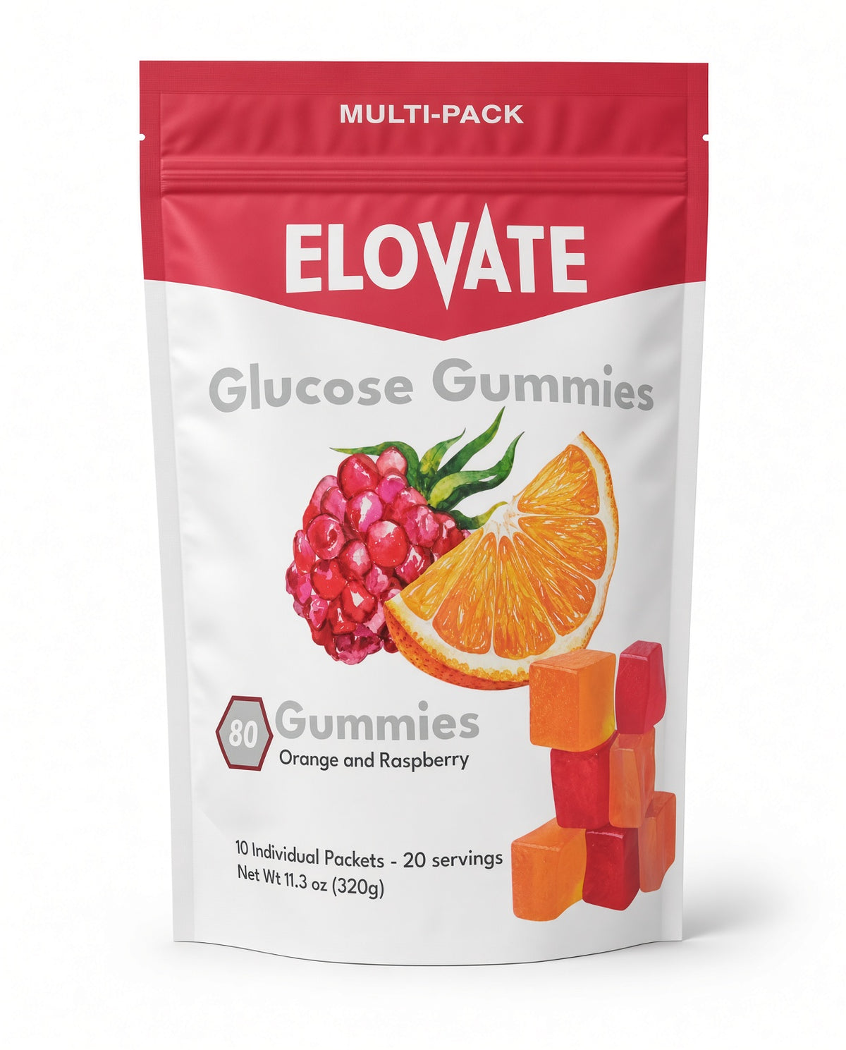 ELOVATE Fast-Acting Glucose Gummies, Raspberry & Orange, 10 Sachets, 80 Count