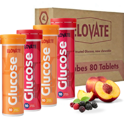 ELOVATE Glucose Tablets, Peach & Raspberry Variety – 15g Per Serving, Chewable, Gluten Free – 4 Tubes (40 Count)