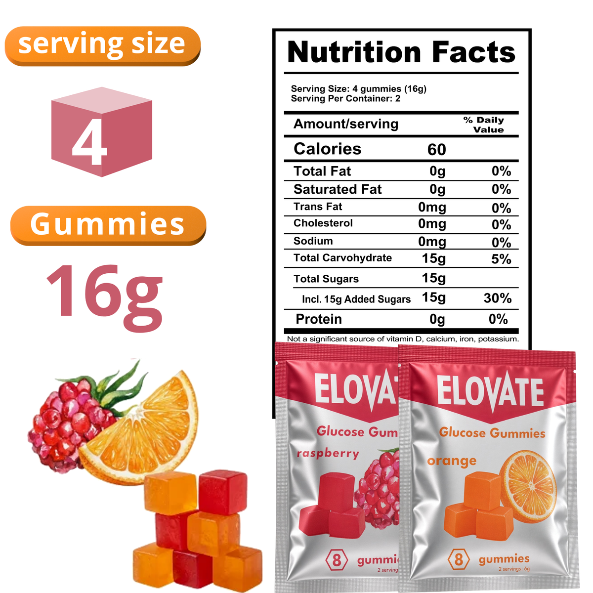 ELOVATE Fast-Acting Glucose Gummies, Raspberry & Orange, 10 Sachets, 80 Count